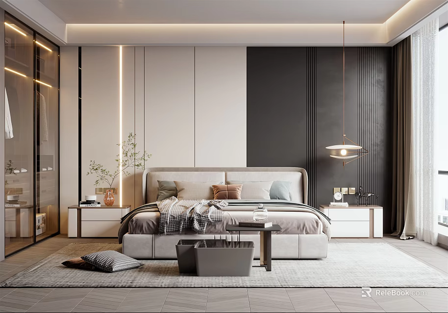Modern Bedroom Interior Design With Bed Pillows Nightstands Hanging Lamp And Area Rug 3d model 