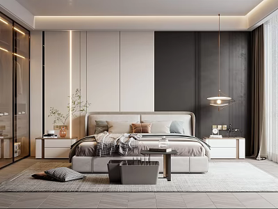 Modern Bedroom Interior Design With Bed Pillows Nightstands Hanging Lamp And Area Rug 3d model