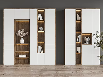 Modern White And Wooden Bookcase Design With Layered Shelves Decorations And Lighting 3d model