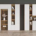 Modern White And Wooden Bookcase Design With Layered Shelves Decorations And Lighting