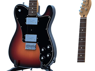 Electric Guitar On Stand With Sunburst Finish Black Pickguard And Wooden Neck 3d model