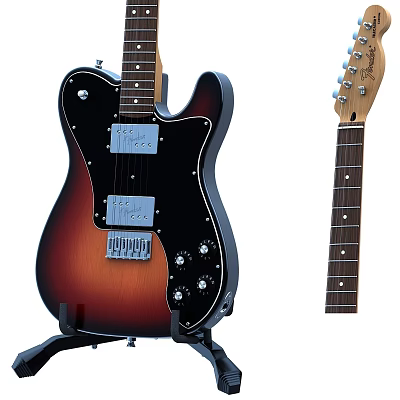 Electric Guitar On Stand With Sunburst Finish Black Pickguard And Wooden Neck 3d model