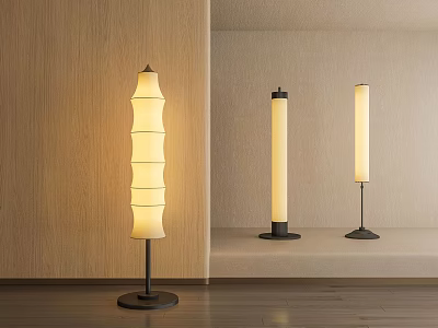 Modern Floor Lamps With Layered And Cylindrical Shades In Wooden Wall Display Scene 3d model
