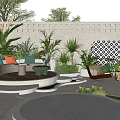 Courtyard Garden Design Featuring Curved Sofa Seating Green Plants Latticed Wall And Wooden Platform