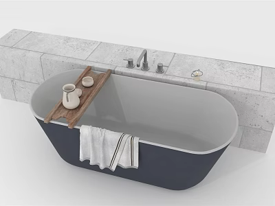 Modern Bathtub Interior Design With Wooden Tray White Container And Towel 3d model