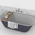 Modern Bathtub Interior Design With Wooden Tray White Container And Towel