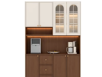 Stylish Wine Cabinet With White Upper Cabinets Brown Base Glass Doors And Countertop Appliances 3d model