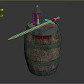 Medieval Sword With Sharp Blade Resting On Wooden Barrel With Bloodstains And Lantern
