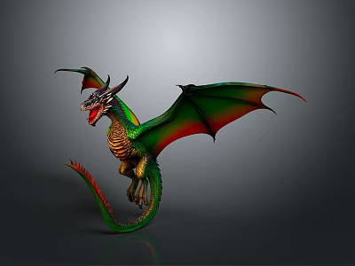Mythical Dragon With Green Red Wings Open Mouth Horns And Long Tail Gray Background 3d model
