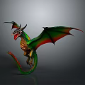 Mythical Dragon With Green Red Wings Open Mouth Horns And Long Tail Gray Background