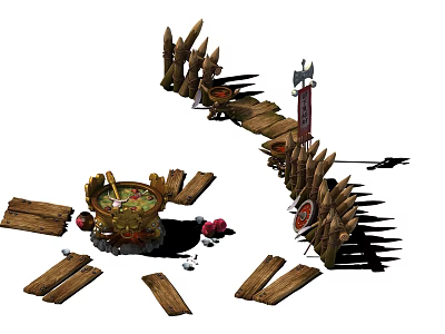 Cartoon Scene With Spiked Wooden Fences Wooden Bridge Cauldron Planks And Decorative Sign 3d model