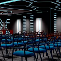 Modern Tech Style Interior With Blue Neon Geometric Ceiling Chairs Tables Bar Counter And Screen