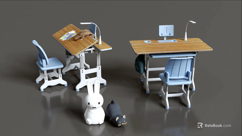 Wooden Kids Desks With White Legs Blue Chairs Lamps Books Monitor And Stuffed Toys 3d model 