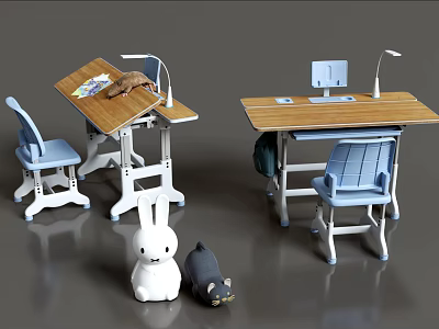 Wooden Kids Desks With White Legs Blue Chairs Lamps Books Monitor And Stuffed Toys 3d model
