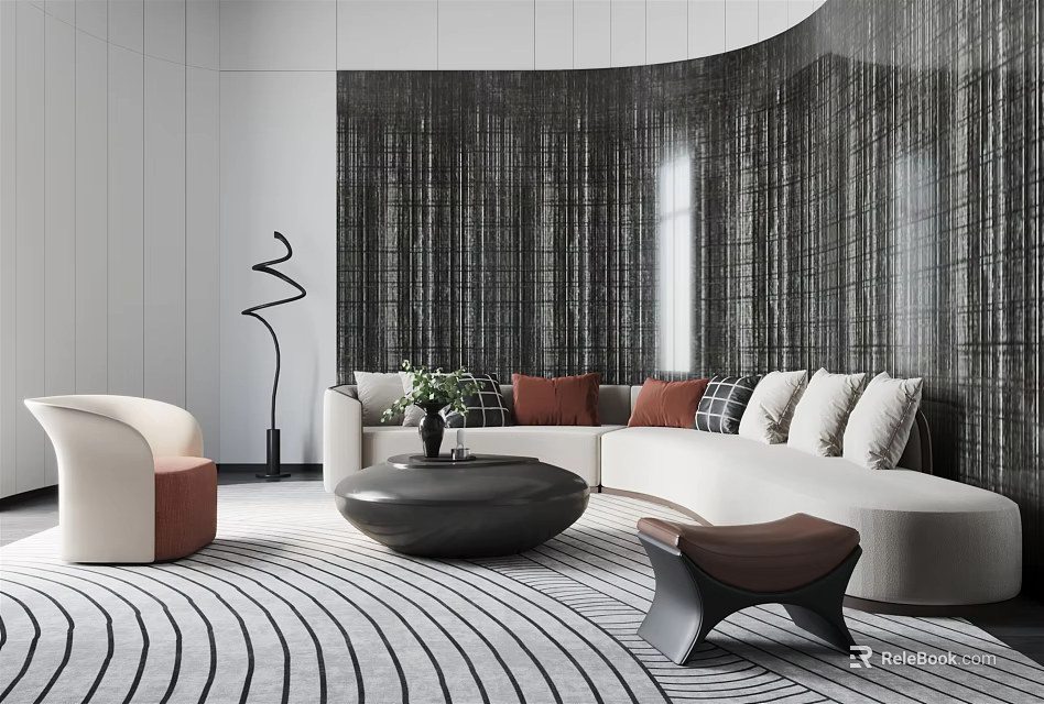 Sofa Coffee Table Set Modern White Sofa Brown Beige Cushions Black Round Table Striped Rug 3d model