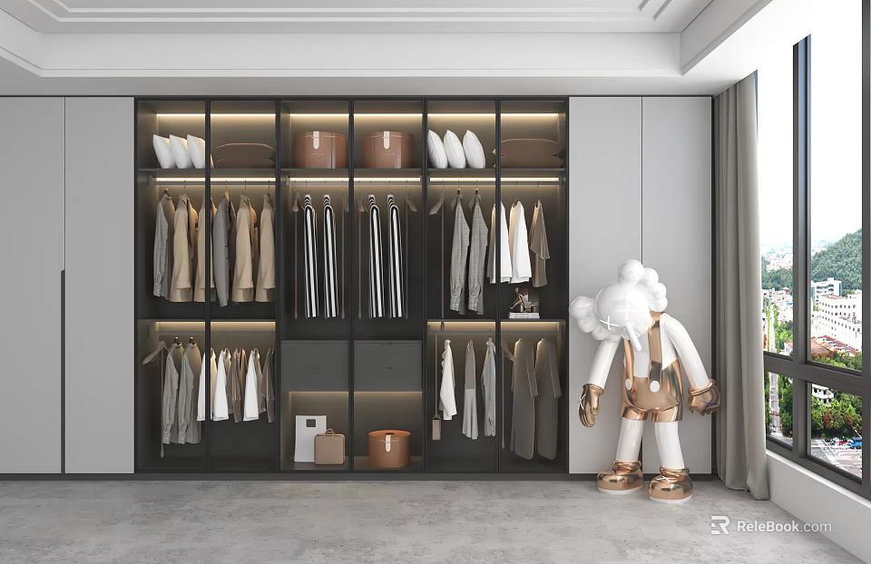 Modern Open Wardrobe Interior Design With Hanging Clothes Storage Boxes And Compartments 3d model 