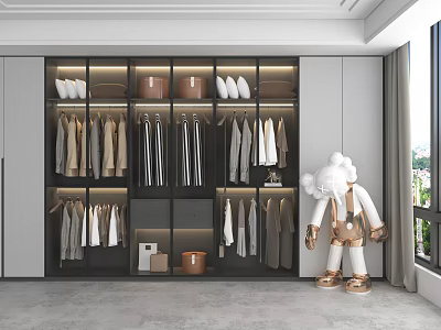 Modern Open Wardrobe Interior Design With Hanging Clothes Storage Boxes And Compartments 3d model