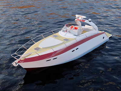 White Yacht With Red Stripe And Yellow Deck Floating On Calm Water 3d model