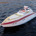 White Yacht With Red Stripe And Yellow Deck Floating On Calm Water
