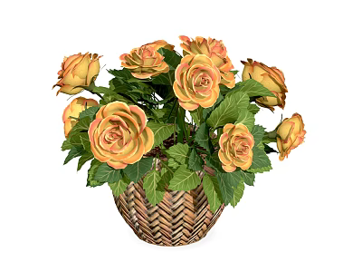 Woven Basket Vase With Orange Roses And Green Leaves For Home Decor 3d model
