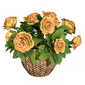 Woven Basket Vase With Orange Roses And Green Leaves For Home Decor