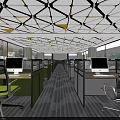 Public Office Space Featuring Geometric Yellow White Ceiling Open Workstations Desktop Computers Green White Chairs 3d model