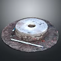 Traditional Stone Mill With Central Hole Worn Surface And Surrounding Tools 3d model