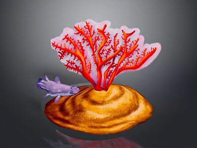 Underwater Scene Of Purple Marine Animal On Orange Shell With Red Coral Like Structure 3d model