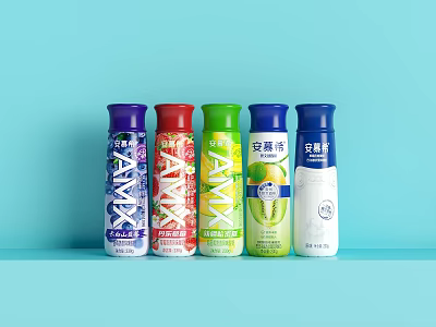 Colorful Beverage Bottles Arranged in a Row with Various Colors on Light Blue Background 3d model