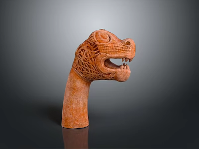 Orange Reptile Head Sculpture Carved Texture Open Mouth Teeth Against Gray Background with Reflective Surface 3d model