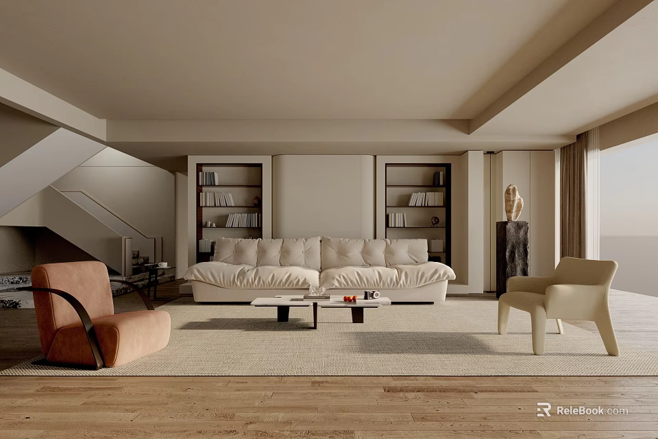 Modern Living Room Interior With Comfy Sofa Built in Bookshelves Accent Chairs And Wool Rug 3d model 