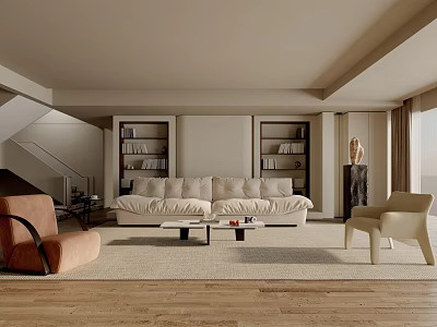 Modern Living Room Interior With Comfy Sofa Built in Bookshelves Accent Chairs And Wool Rug 3d model