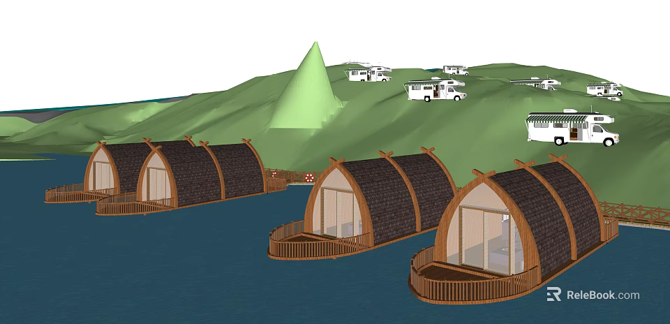 Scenic Waterfront Wooden Cabins With Curved Roofs Green Hills And RVs 3d model 
