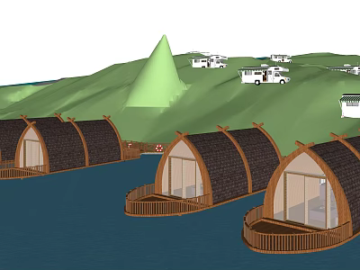 Scenic Waterfront Wooden Cabins With Curved Roofs Green Hills And RVs 3d model