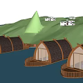 Scenic Waterfront Wooden Cabins With Curved Roofs Green Hills And RVs