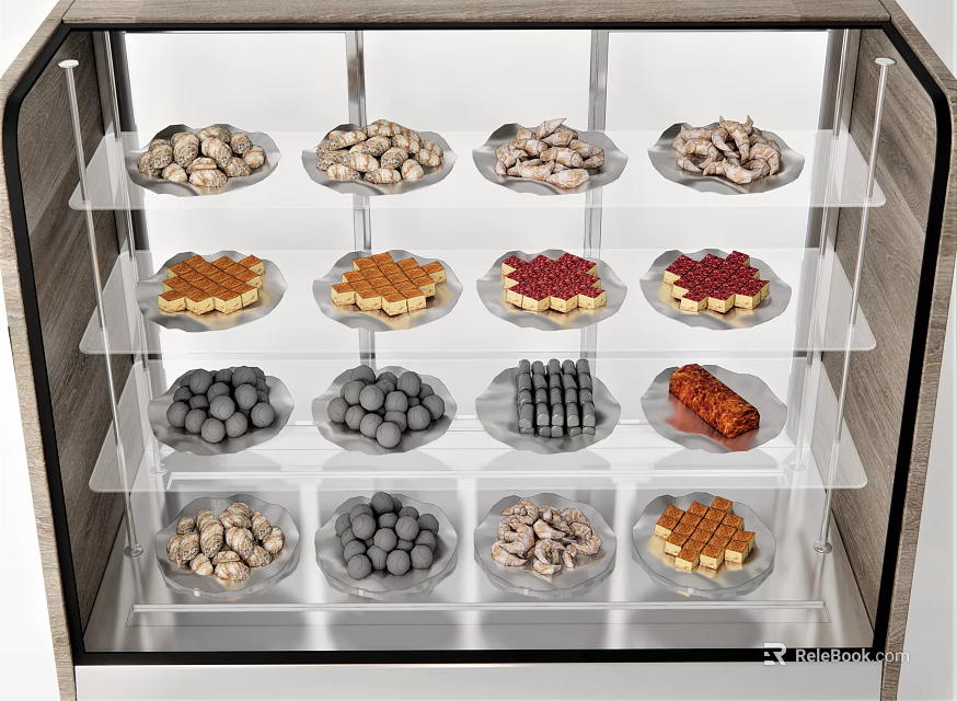 Delicious Assorted Foods Showcased on Multiple Shelves in Glass Case 3d model 