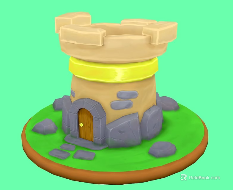 Cartoon Castle Tower with Yellow Band Gray Stone Base Brown Wooden Door and Green Grass 3d model