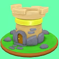 Cartoon Castle Tower with Yellow Band Gray Stone Base Brown Wooden Door and Green Grass 3d model
