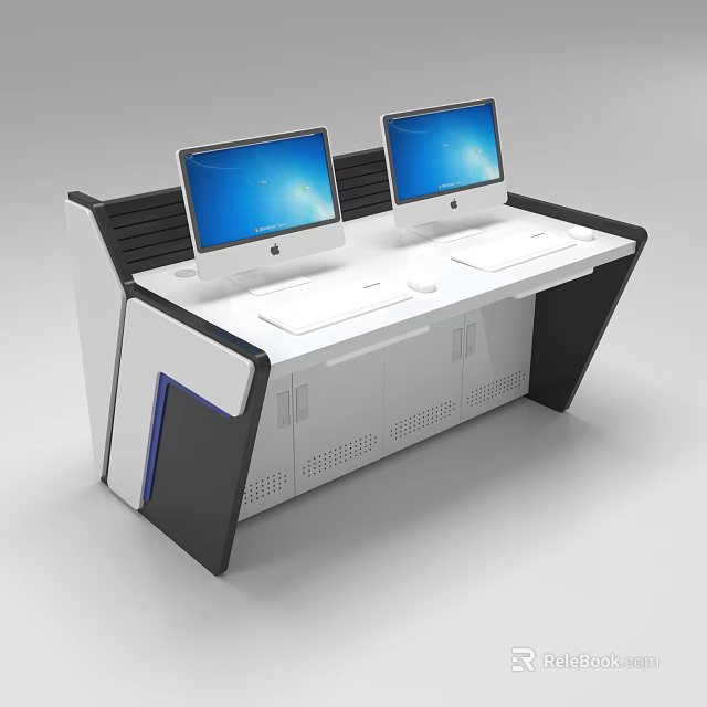 Modern Office Desk With Two Computer Monitors White Surface And Black Accents 3d model 
