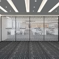 Public Office Space With Glass Partitions Herringbone Pattern Dark Carpet And Ceiling Light Strips