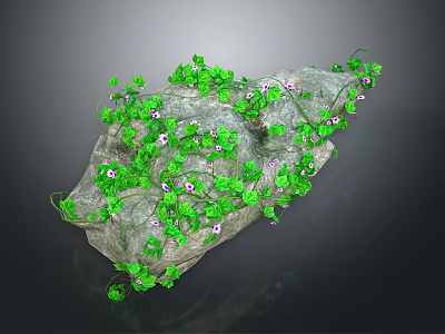 Natural Rock Surface Covered With Lush Green Vines And Purple Flowers 3d model