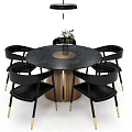 Round Black Marble Dining Table Set With Wooden Legs Gold Accent Chairs And Hanging Lamp