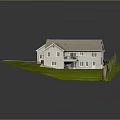 Residential Two Story House Model With Sloped Roof Green Lawn And Aligned Bushes