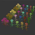 Colorful Flowers Red Yellow Purple Pink With Green Leaves In Wavy Pattern On Dark Background