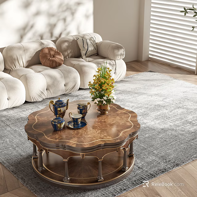 Elegant Wooden Coffee Table With Brass Legs Tea Set Flower Arrangement In Modern Living Room 3d model 