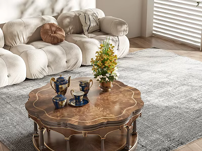 Elegant Wooden Coffee Table With Brass Legs Tea Set Flower Arrangement In Modern Living Room 3d model