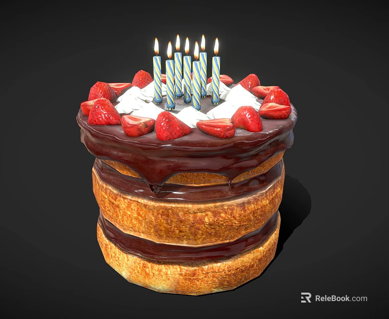 Tasty Rich Layered Chocolate Cake With Fresh Strawberries And Lit Candles 3d model 