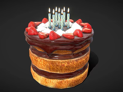 Tasty Rich Layered Chocolate Cake With Fresh Strawberries And Lit Candles 3d model