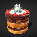 Tasty Rich Layered Chocolate Cake With Fresh Strawberries And Lit Candles