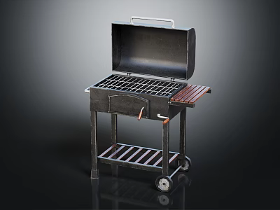 Durable Outdoor Grill With Metal Cooking Grate Wooden Side Shelf And Rolling Wheels 3d model